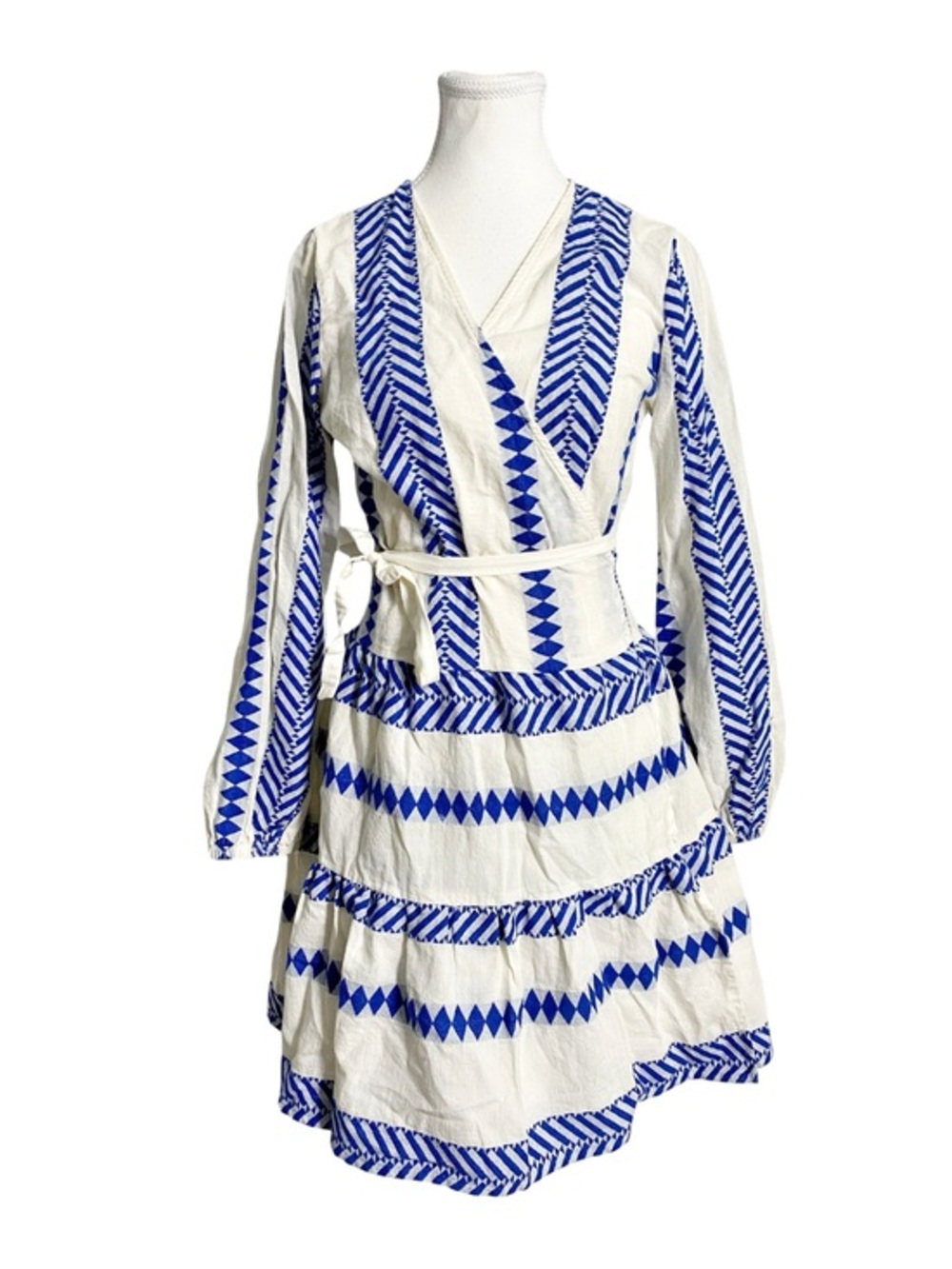Kasia XS White & Blue Geometric
Wrap Mini Dress Greece